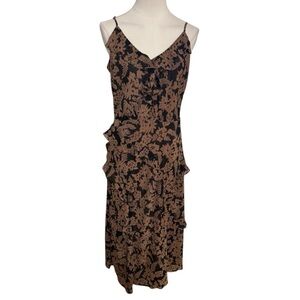 DRESS FORUM Floral Ruffle Midi Dress Cottagecore Size M Brown Black Neutral Boho